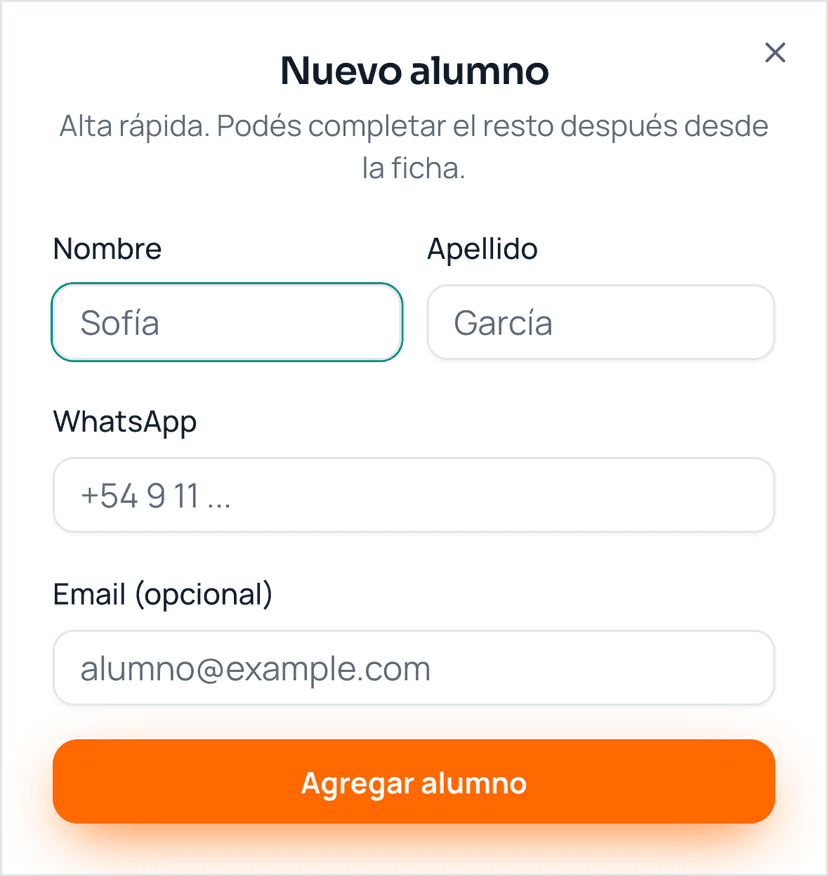 Diálogo de alta de un nuevo alumno en Negocito