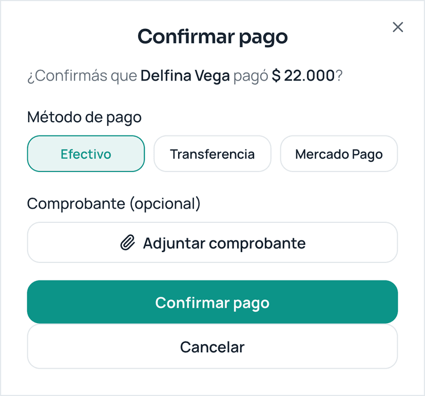 Diálogo de confirmación de pago de una cuota en Negocito