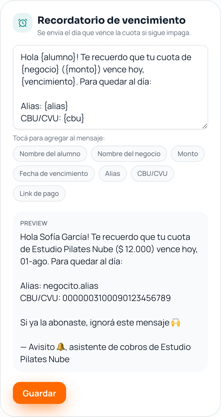 Editor de plantilla de recordatorio en Negocito, con variables y previsualización